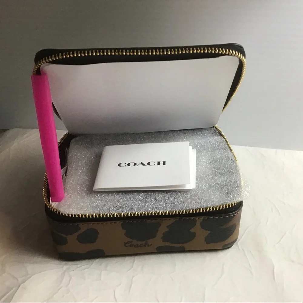 Coach Leopard Print Travel Jewelry Case in Brown and Black with Mirror